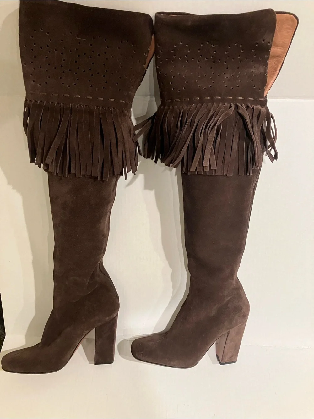Alaia authentic Dark Brown Suede Over-the-Knee Fringe Boots